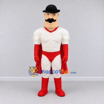 Custom Red and Cream Mustached Superhero Character Mascot Costume Adult Full Body Suit for Theme Parties Custom Red and Cream Mustached Superhero Character Mascot Costume Adult Full Body Suit for Theme Parties