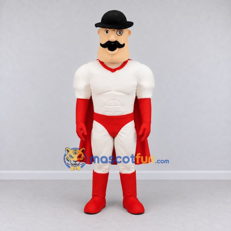 Custom Red and Cream Mustached Superhero Character Mascot Costume Adult Full Body Suit for Theme Parties Custom Red and Cream Mustached Superhero Character Mascot Costume Adult Full Body Suit for Theme Parties