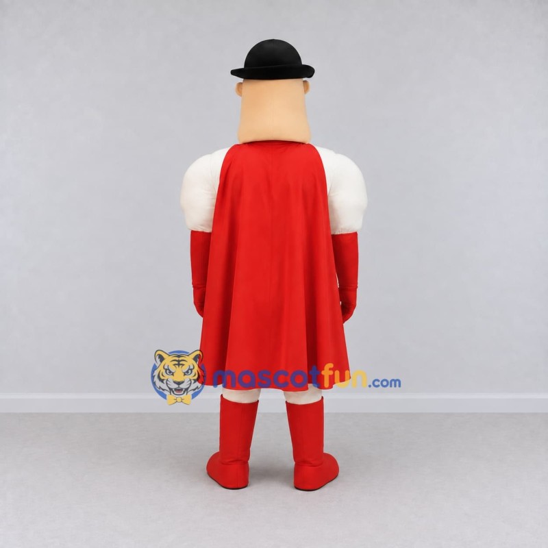 Custom Red and Cream Mustached Superhero Character Mascot Costume Adult Full Body Suit for Theme Parties Custom Red and Cream Mustached Superhero Character Mascot Costume Adult Full Body Suit for Theme Parties