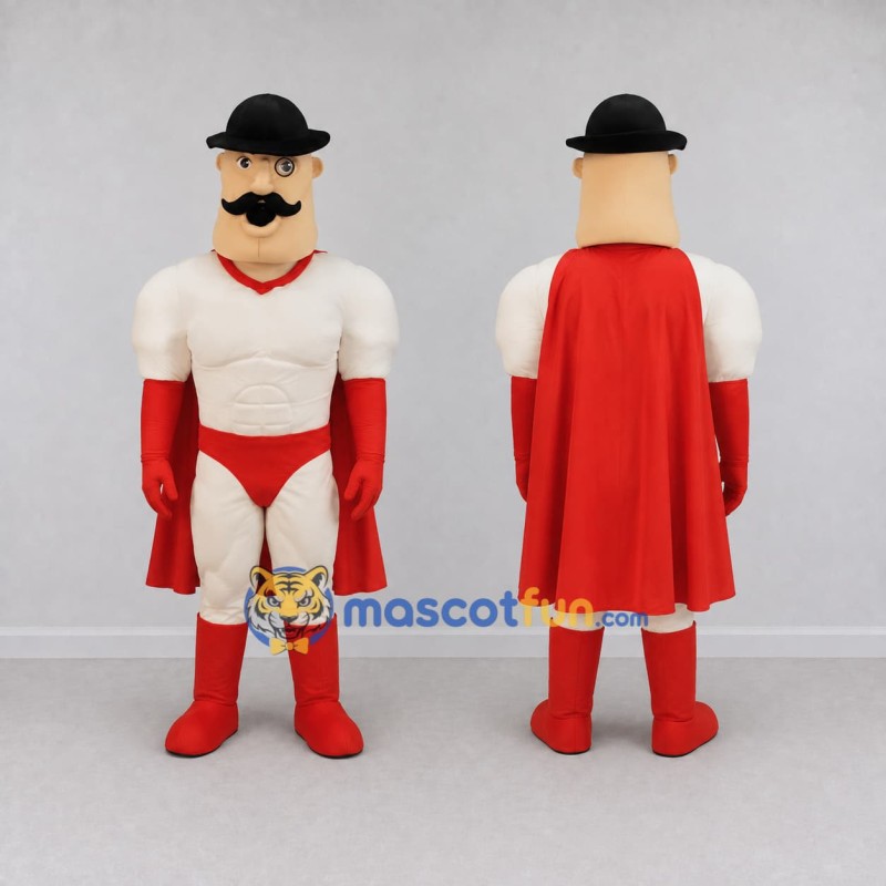 Custom Red and Cream Mustached Superhero Character Mascot Costume Adult Full Body Suit for Theme Parties Custom Red and Cream Mustached Superhero Character Mascot Costume Adult Full Body Suit for Theme Parties