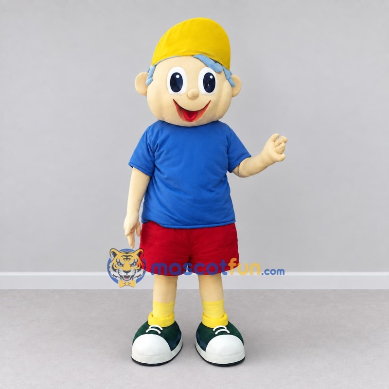 Custom Blue Red and Yellow Boy Character with a Beanie Mascot Costume Adult Full Body Suit for School Events Custom Blue Red and Yellow Boy Character with a Beanie Mascot Costume Adult Full Body Suit for School Events