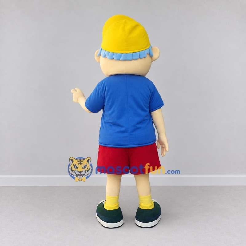 Custom Blue Red and Yellow Boy Character with a Beanie Mascot Costume Adult Full Body Suit for School Events Custom Blue Red and Yellow Boy Character with a Beanie Mascot Costume Adult Full Body Suit for School Events