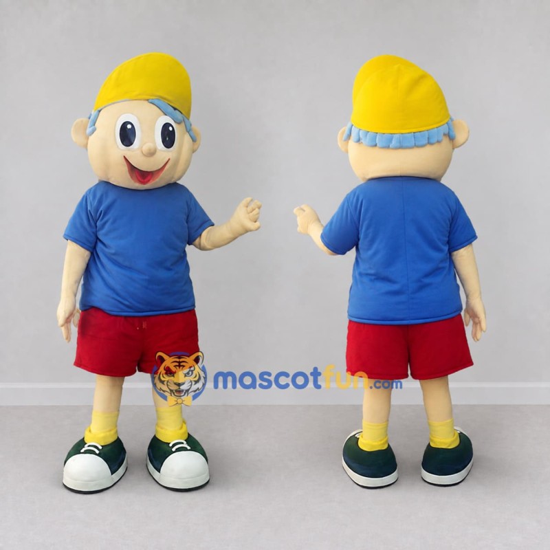 Custom Blue Red and Yellow Boy Character with a Beanie Mascot Costume Adult Full Body Suit for School Events Custom Blue Red and Yellow Boy Character with a Beanie Mascot Costume Adult Full Body Suit for School Events
