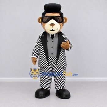 Custom Brown Black and White Bear Character in a Checkered Suit Mascot Costume Adult Full Body Suit for Theme Parties