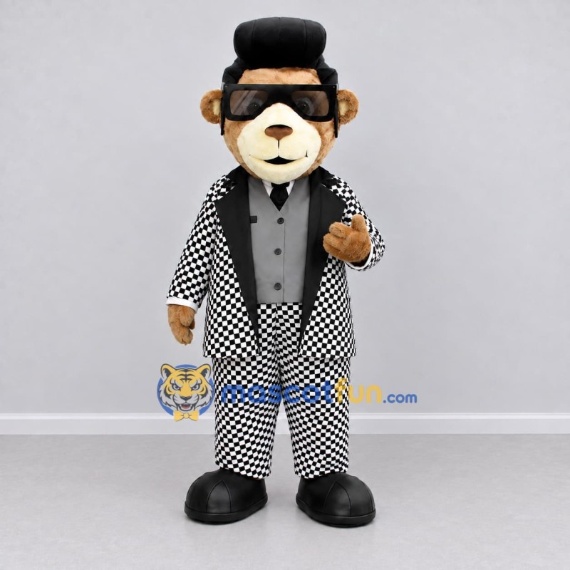 Custom Brown Black and White Bear Character in a Checkered Suit Mascot Costume Adult Full Body Suit for Theme Parties