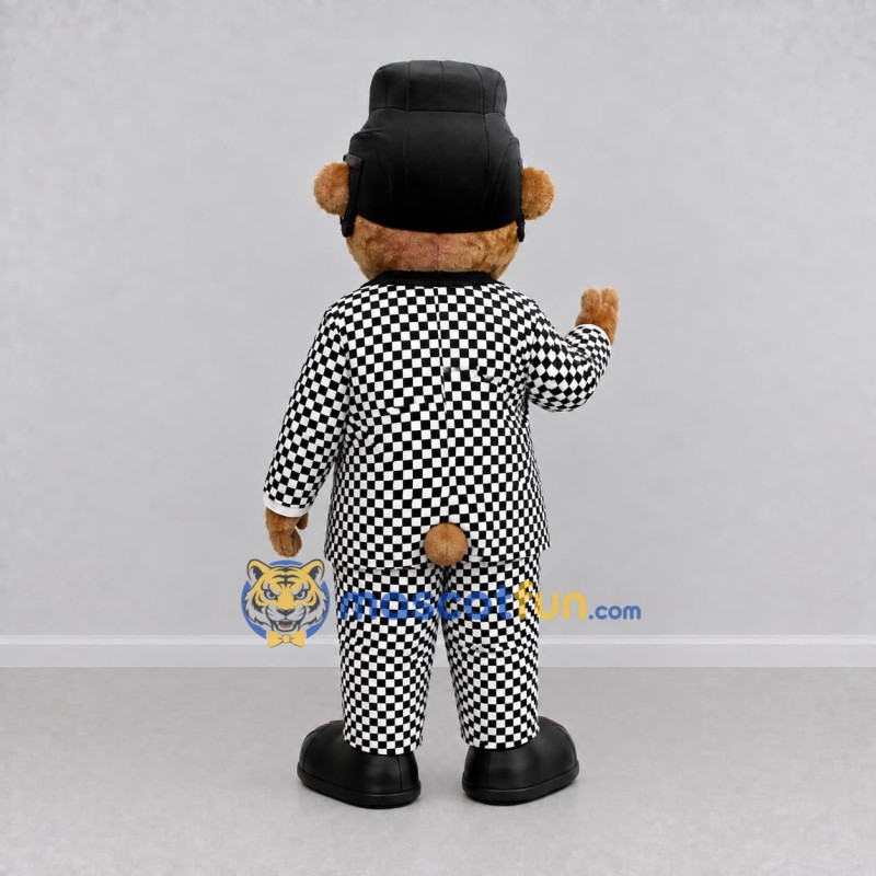 Custom Brown Black and White Bear Character in a Checkered Suit Mascot Costume Adult Full Body Suit for Theme Parties