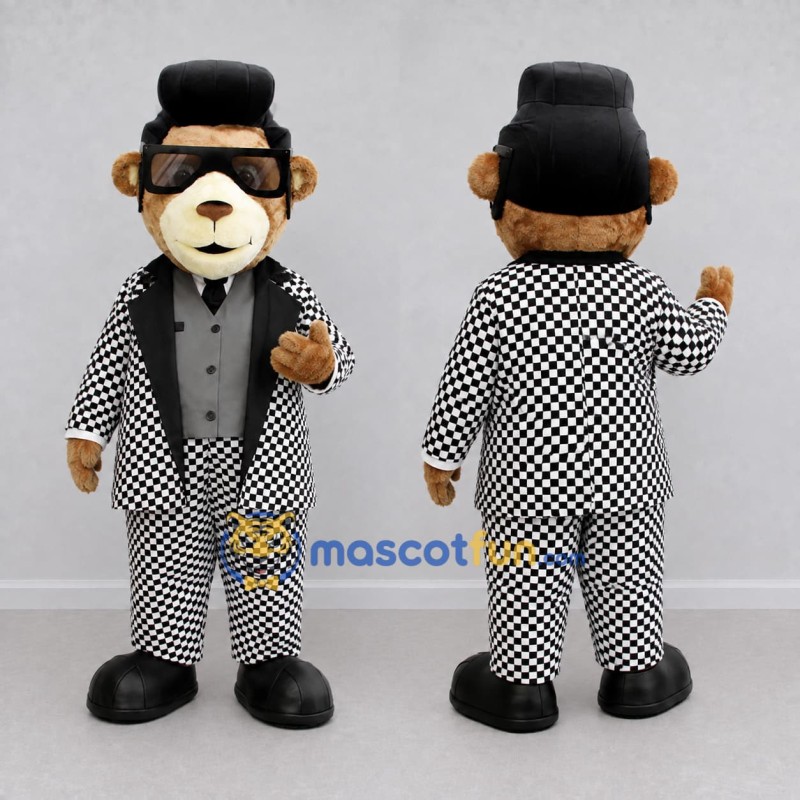 Custom Brown Black and White Bear Character in a Checkered Suit Mascot Costume Adult Full Body Suit for Theme Parties