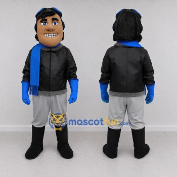 Custom Black Blue and Gray Aviator Character Mascot Costume Adult Full Body Suit for Theme Parties