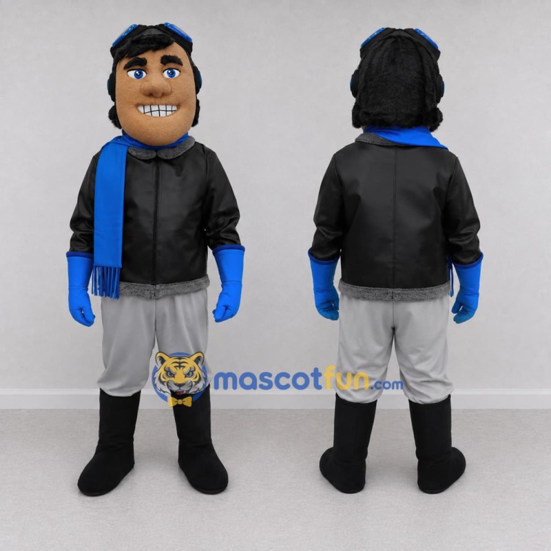 Custom Black Blue and Gray Aviator Character Mascot Costume Adult Full Body Suit for Theme Parties Custom Black Blue and Gray Aviator Character Mascot Costume Adult Full Body Suit for Theme Parties