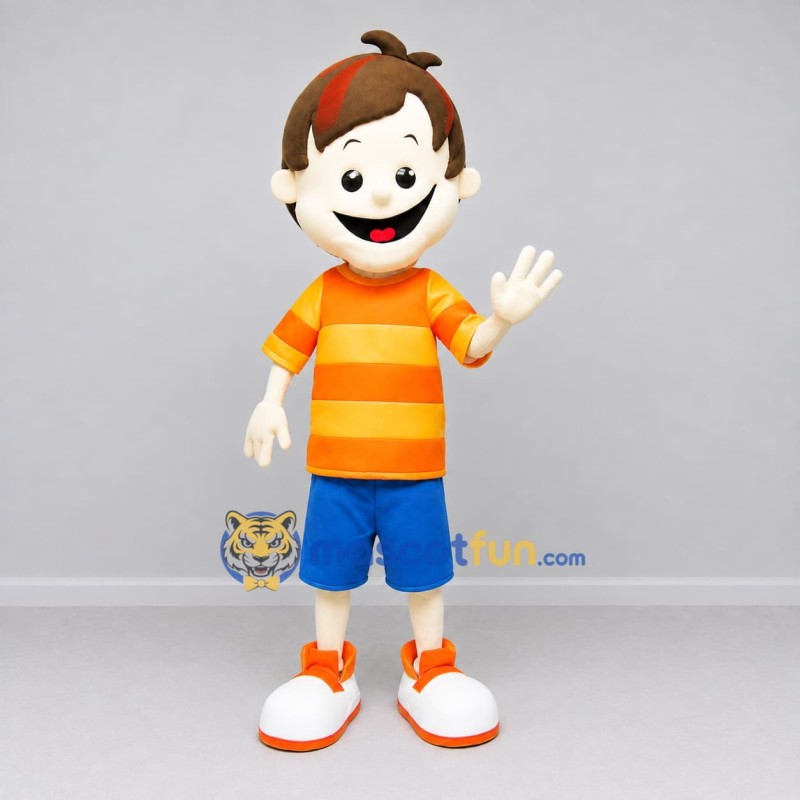 Custom Orange and Blue Boy Character in a Striped Shirt Mascot Costume Adult Full Body Suit for School Events Custom Orange and Blue Boy Character in a Striped Shirt Mascot Costume Adult Full Body Suit for School Events