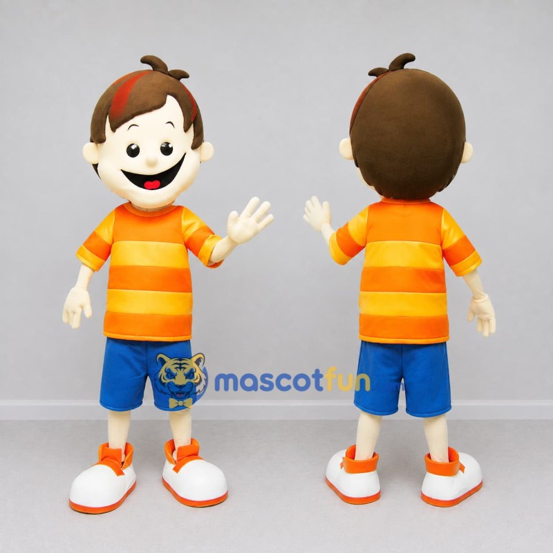 Custom Orange and Blue Boy Character in a Striped Shirt Mascot Costume Adult Full Body Suit for School Events Custom Orange and Blue Boy Character in a Striped Shirt Mascot Costume Adult Full Body Suit for School Events