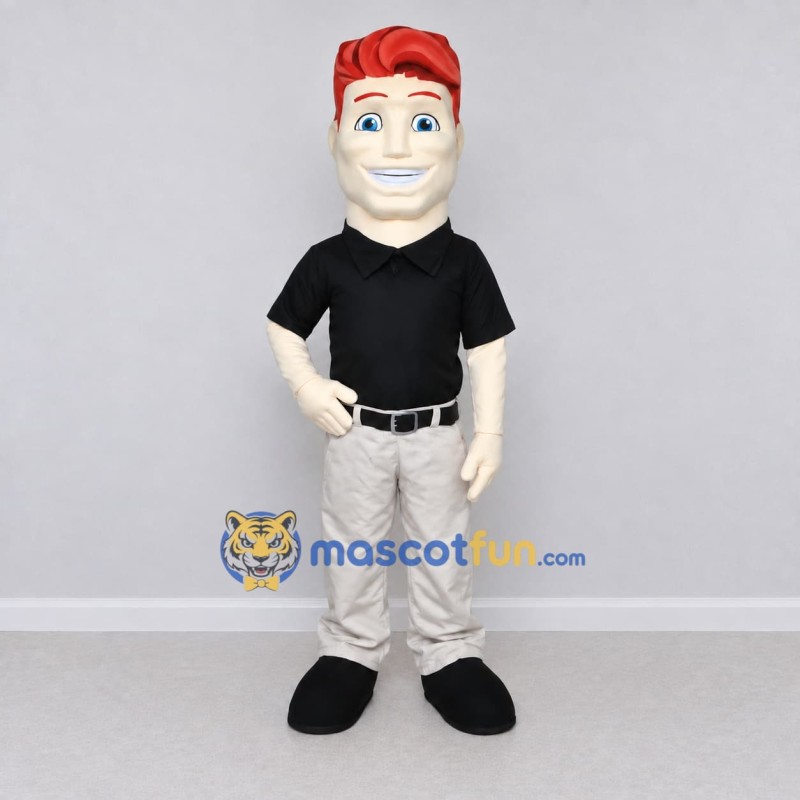 Custom Black and Gray Red-Haired Man Character Mascot Costume Adult Full Body Suit for Community Events Custom Black and Gray Red-Haired Man Character Mascot Costume Adult Full Body Suit for Community Events