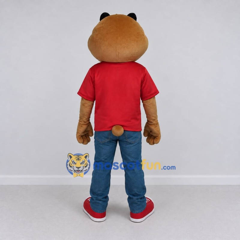 Custom Brown and Red Rodent Character in a T-Shirt Mascot Costume Adult Full Body Suit for School Events Custom Brown and Red Rodent Character in a T-Shirt Mascot Costume Adult Full Body Suit for School Events