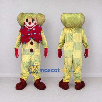 Custom Yellow and Red Clown Character with a Large Bow Tie Mascot Costume Adult Full Body Suit for Theme Parties