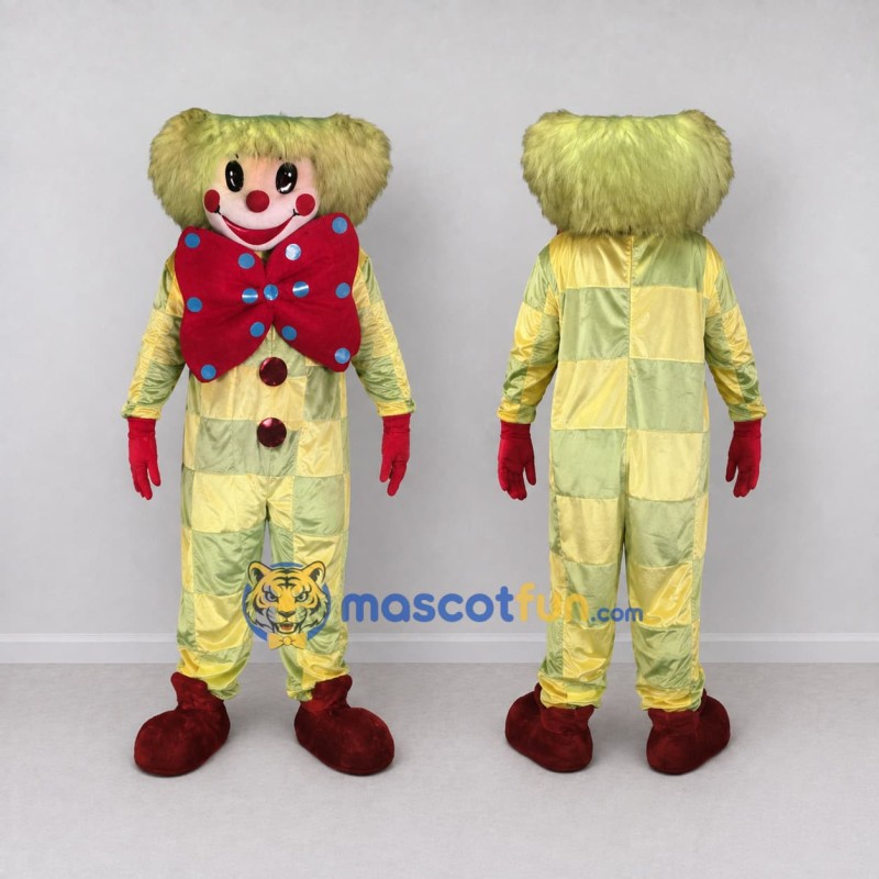 Custom Yellow and Red Clown Character with a Large Bow Tie Mascot Costume Adult Full Body Suit for Theme Parties Custom Yellow and Red Clown Character with a Large Bow Tie Mascot Costume Adult Full Body Suit for Theme Parties