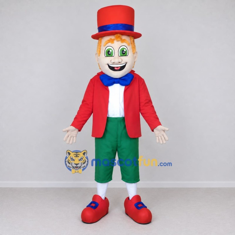 Custom Red and Green Clown Character with a Top Hat Mascot Costume Adult Full Body Suit for Theme Parties Custom Red and Green Clown Character with a Top Hat Mascot Costume Adult Full Body Suit for Theme Parties