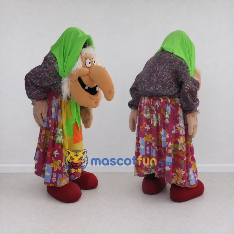 Custom Green and Multicolor Witch Character in a Headscarf Mascot Costume Adult Full Body Suit for Theme Parties Custom Green and Multicolor Witch Character in a Headscarf Mascot Costume Adult Full Body Suit for Theme Parties