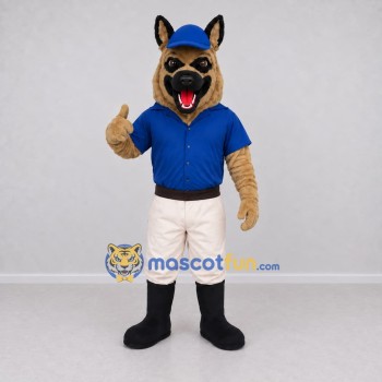 Custom Tan and Blue German Shepherd Worker Character Mascot Costume Adult Full Body Suit for Community Events