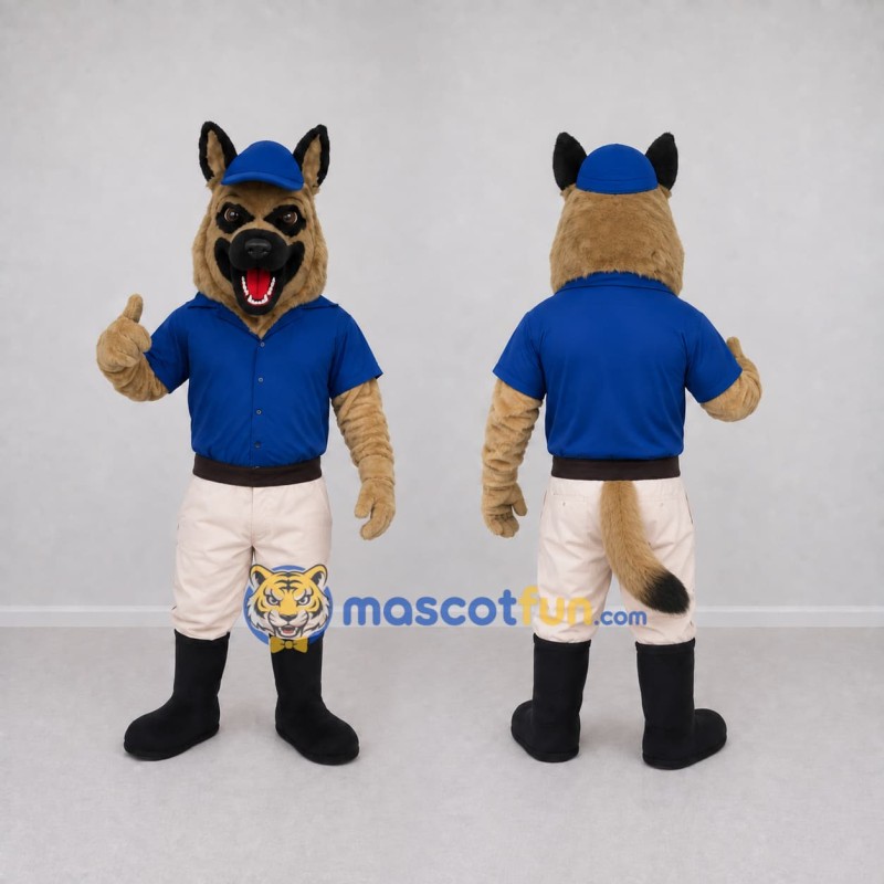 Custom Tan and Blue German Shepherd Worker Character Mascot Costume Adult Full Body Suit for Community Events Custom Tan and Blue German Shepherd Worker Character Mascot Costume Adult Full Body Suit for Community Events