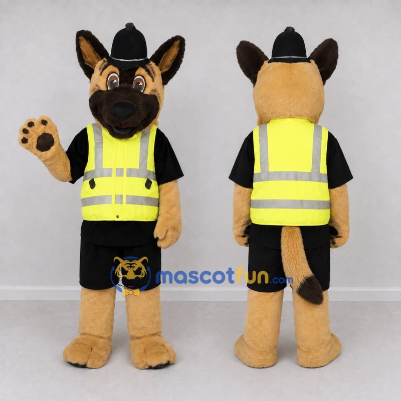 Custom Tan Black and Yellow German Shepherd Police Character Mascot Costume Adult Full Body Suit for Community Events