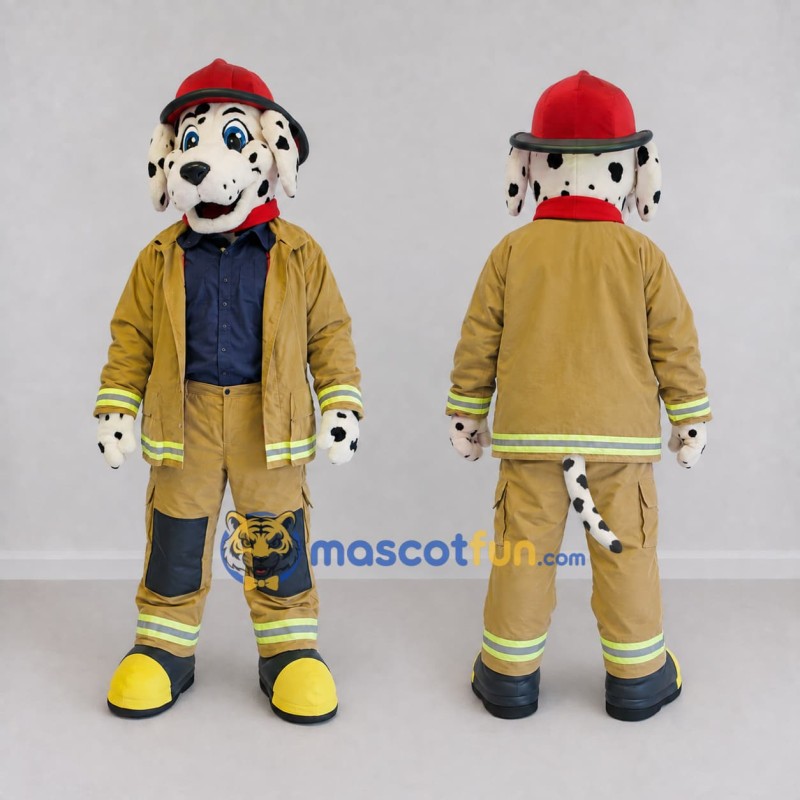 Custom Tan and Red Dalmatian Firefighter Character Mascot Costume Adult Full Body Suit for Community Events Custom Tan and Red Dalmatian Firefighter Character Mascot Costume Adult Full Body Suit for Community Events